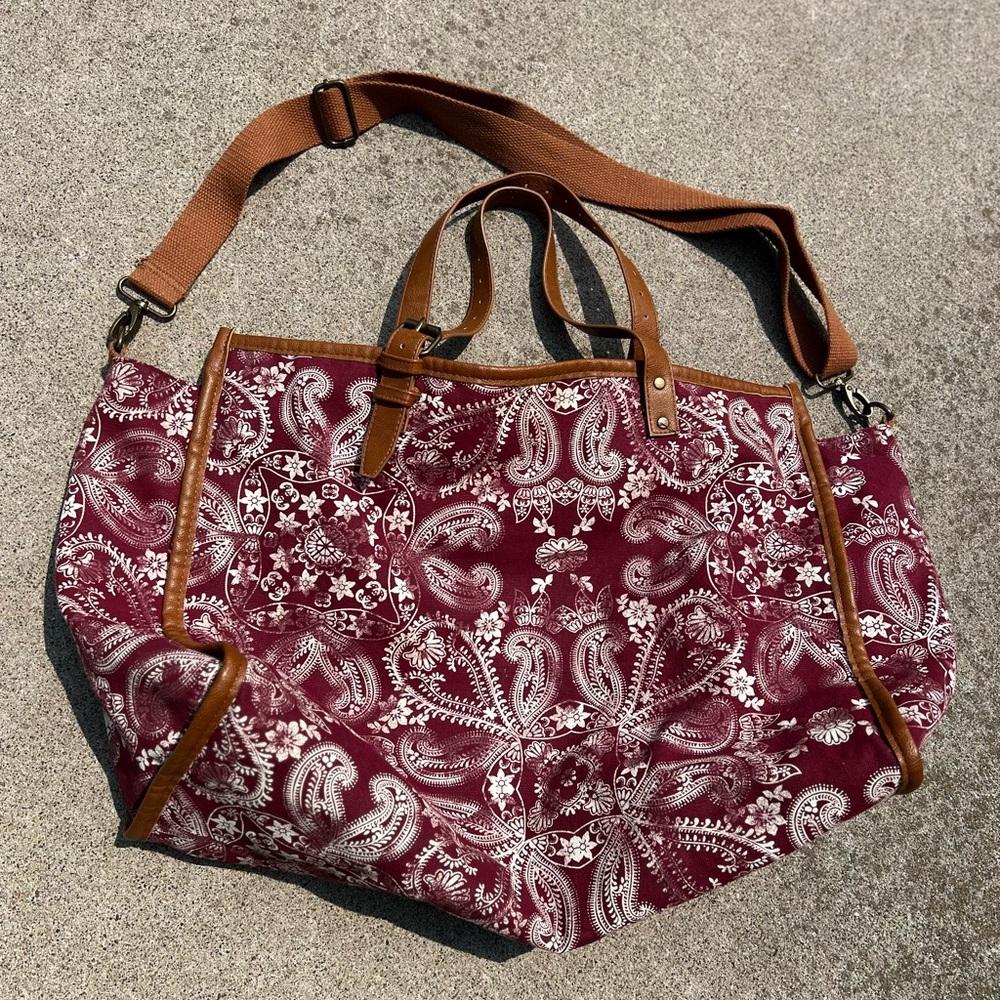Mossimo Boho Paisley Tote Bag Maroon Canvas Leather Trim XL Shoulder Bag Vintage